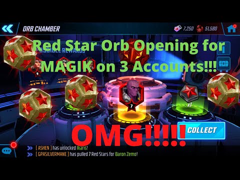 Marvel Strike Force Red Star Orb Opening for MAGIK on 3 Accounts!!! 75+ orbs - MSF!!! 7 Red Zemo!!!