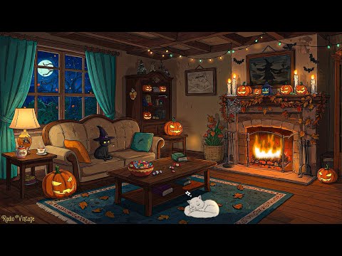 a cozy autumn night 1940s and you're listening to vintage music on a room cottage