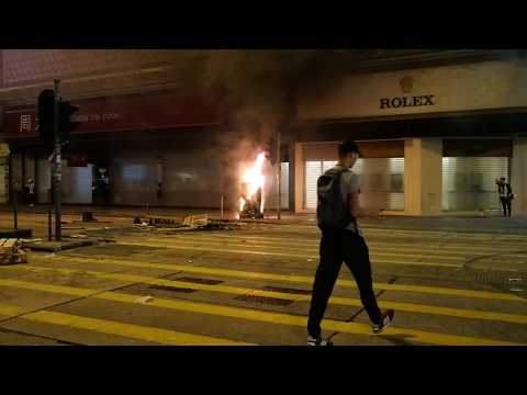 Traffic Control Box Lit on Fire by Protestors in Hong Kong.