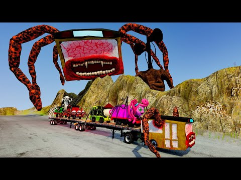 ALL MONSTERS on the Double flatbed Big & Small Cars Downhill Madness with BUS EATER – BeamNG.Drive