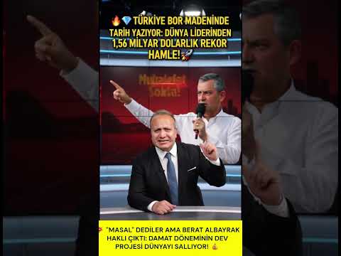 ⭐ 💎 DAMAT HAKLI ÇIKTI: ÖZGÜR ÖZEL "MASAL" DİYORDU, TÜRKİYE BOR MADENİNDE DÜNYAYA DERS VERİYOR! 🔥 🚀 

⭐ 🎯 Özgür Özel Siyaset Masallarıyla Uğraşırken, Türkiye'nin Bor Hamlesi Zirvede! 🚀  

💎 Bir yanda kürsülerde Hollywood filmlerini aratmayacak dramatik senaryolar yazıp "Ben savaştayım" diyen Özgür Özel, diğer yanda ise Türkiye'nin gerçek başarılarını görmezden gelmeye devam ediyor. 📢 Geçmişte atılan stratejik adımlara ve dönemin Enerji Bakanı Berat Albayrak'ın vizyoner bor projelerine "masal" diyenler, bugün Eti Maden'in ve küresel verilerin rakamları karşısında sessizliğe büründü! 💎  

🚀 Zaman, kimin gerçekten ürettiğini, kimin ise sadece boş laf ürettiğini çok net bir şekilde ortaya koydu. ✨ Damat haklı çıktı; Türkiye bor madeninde tarih yazıyor! 🔥  

🎯 🌍 Küresel Zirve: Dünya Rezervlerinin Yüzde 73'ü Türkiye'de! ⭐  

🚀 Uluslararası jeoloji ve madencilik raporları (USGS) bir kez daha tescilledi ki; Türkiye, sahip olduğu rezervin büyüklüğü ve kalitesiyle küresel ligde rakipsiz bir lider konumda. 🎯  

⭐ 1. 🔥 Türkiye (Dünya Lideri): Dünya bor rezervlerinin tek başına %73'üne sahip olan Türkiye, küresel pazar payındaki %61'lik ve üretimdeki %48'lik dev oranlarıyla zirvenin tek sahibidir. 💎  

🔥 2. 🚀 Amerika Birleşik Devletleri (ABD): Küresel dev maden şirketleriyle (Rio Tinto / U. 🔥 S. 💎 Borax) listenin ikinci sırasında yer alıyor. ⭐  

🚀 3. ⭐ Rusya / Güney Amerika (Şili): Bölgesel üretim hacimleriyle ilk üçü tamamlayan diğer küresel aktörler arasında bulunuyor. 💎  

🚀 💰 2026 Hedefi: 2,7 Milyon Ton ve 1,56 Milyar Dolar Gelir! ⭐  

🚀 Siyaset sahnesinde boş laflarla vakit harcayanlar inansın ya da inanmasın, ekonomi ve madencilik sektörünün rakamları göz kamaştırıyor: 

✨ Satış Miktarı: 2026 yılı sonunda 2 milyon 700 bin ton bor satışı gerçekleştirilmesi öngörülüyor. ✨  

🔥 Dev Ciro: Bu tarihi satışlar neticesinde ülkeye 1 milyar 560 milyon dolar (1,56 milyar dolar) rekor gelir sağlanıyor. 🎯  

⭐ Gelecek Vizyonu: Atılan doğru adımların meyvesi olarak, 2029 yılında bu rakamın 1,9 milyar dolara çıkarılması planlanıyor. 🔥  

🔥 Yazan: Bülent Taşgın 

🚀 Makyajsız gerçekler, ispatlı analiz ve sansürsüz delilli yorum! 🎯  

✨ #BulentTasgin #MakyajsizGercekler #BeratAlbayrak #BorMadeni #EtiMaden #OzgurOzel #Ekonomi #Siyaset #Gundem #SonDakika #Haber #Turkiye 