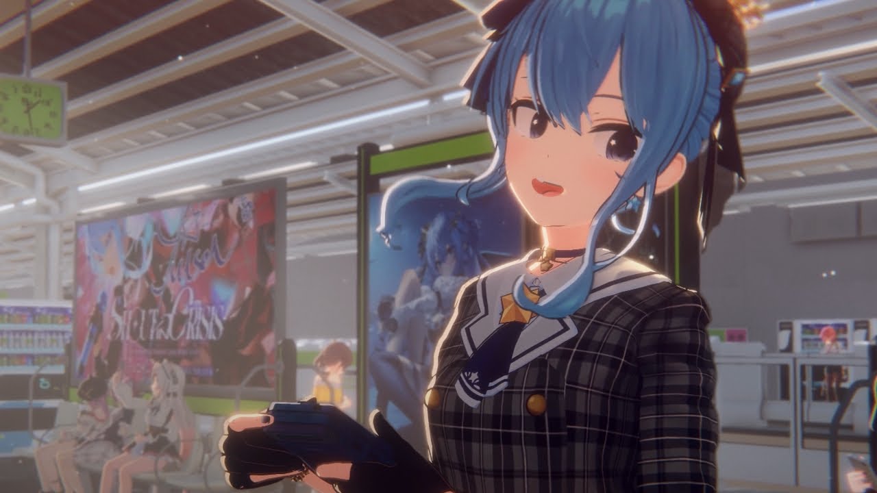 Suisei humming and playing Tetris at the train station