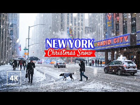 Christmas SNOW in Manhattan ❄️ Snowfall in New York - Walking Tour 4K