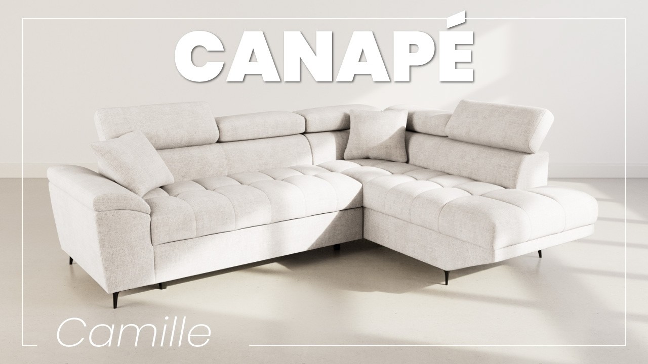 Thumbnail video of the produit Camille - Canapé d'angle droit 5 places convertible avec têtières et coffre en velours texturé