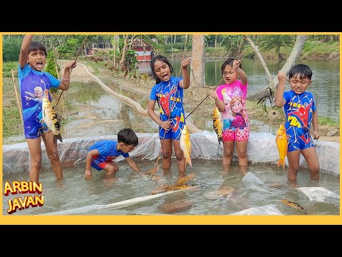 Arbin Javan & their friends Catching real Colorful fish by hook in Swimming pool