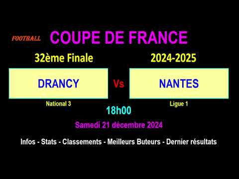 DRANCY - NANTES : 32ème de Finale - Coupe de France - Match football le 21/12/2024