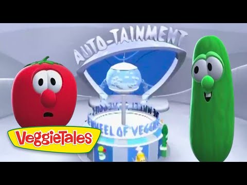 Red tomato and green cucumber cartoon characters stand beside a futuristic ride labeled 'Auto-Tainment' at VeggieTales, with a globe centerpiece in the background.