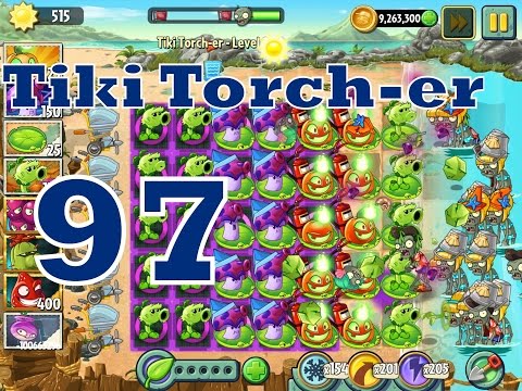 Plants vs Zombies 2 Tiki Torch-er Epic Hack Level 97 - Primal Peashooter & Jack O'