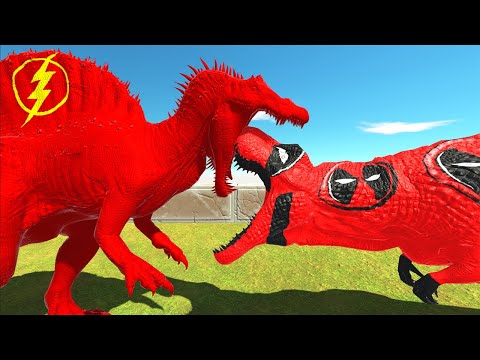 FLASH SPINOSAURUS VS DEADPOOL T-REX FOREST DEATH RUN - Animal Revolt Battle Simulator