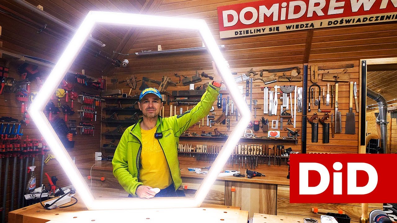 976. Drewniana, sześciokątna wisząca lampa LED DIY