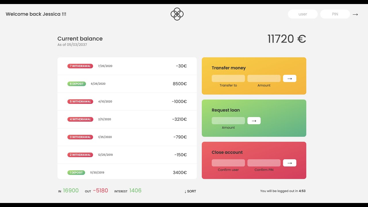 Bankist : Simulate the experience of a banking application with user account.