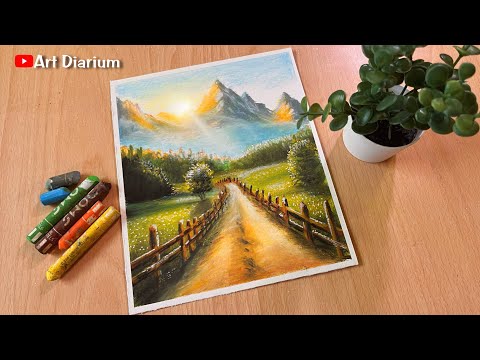 Mountain Scenery Drawing with Oil Pastels - STEP by STEP