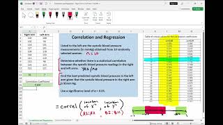 Excel Intro for Statistics #12: Correlation and Regression (Blood Pressure Right Arm vs. Left Arm)