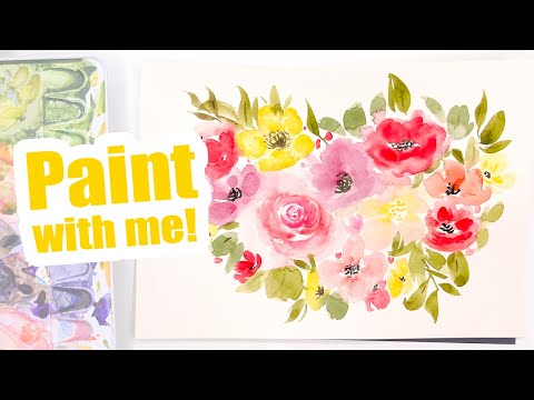 Paint with me! Yellow red loose watercolor flowers (15mins!)