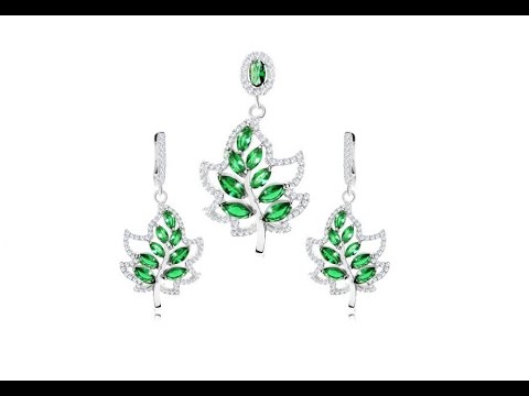 Biżuteria - Zestaw ze srebra 925, kolczyki i wisiorek, liść - bezbarwne i zielone cyrkonie