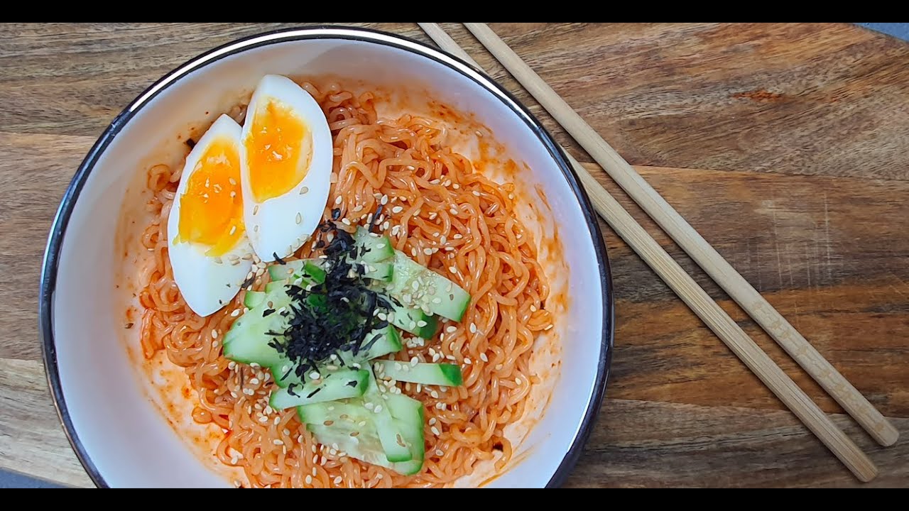 Paldo Bibim Myeon cold mixed Korean noodles served with the signature red sweet and spicy sauce