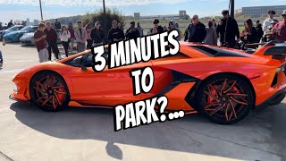 Lamborghini Aventador takes 3 minutes to park in cars and coffee TX.