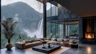 Luxurious Living Room By The Waterfall And Sweet Jazz Melodies - Relaxing Jazz For Studying, Working