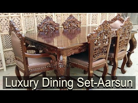 Handcrafted traditional wooden 6 seater dining set carved fu...