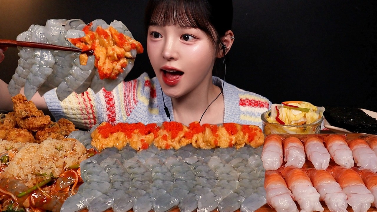 SUB)오독탱글 생새우회 대왕딱새우 먹방!🦐 양념새우무침까지 레전드 왔어요 해산물파티 Raw Shrimp Seafood Mu