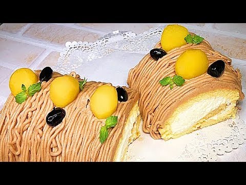 モンブランロールケーキ(秋のロールケーキ) Swiss roll mont blanc Recipe(chestunt roll cake)