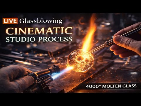 Cinematic glassblowing focused on real-time process, precision, and molten glass at 4000°