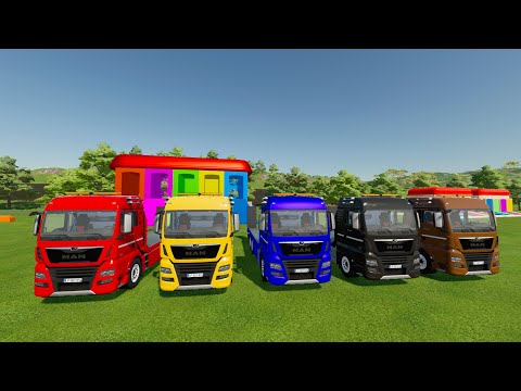 TRANSPORTING PIXAR CARS & FRUITS WITH COLORED & JOHN DEERE vs CLAAS vs TRACTORS