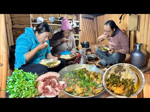 Fenugreek Greens & Pork Curry Eating with Rice | Pork Recipe Cooking in Village | Simple Life Nepal