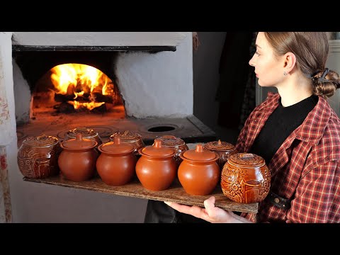 My favorite dish in clay pots in a wood-fired oven, Ukrainian village