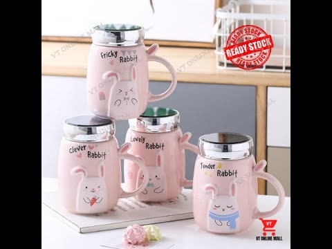 Pink Color Rabbit Mug Gift Box Set With Shine Cover (Clever / Lovely/ Tender/ Fricky Rabbit Emotion)