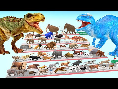 The Ultimate Battle 44 Wild Animals vs GIGA T-REX Dinosaur Epic Run Zigzag Down Course! from Outside