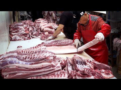 , title : 'HOW TO BUTCHER A PIG / Pork dismantling,  Korea's Top 3 Pig Butchers / Korean street food'