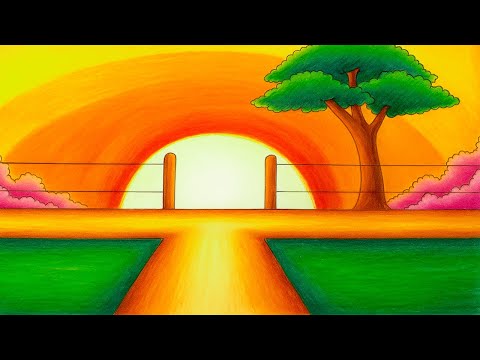 Easy drawing | how to draw a village scenery of beautiful nature step by step | Drawing
