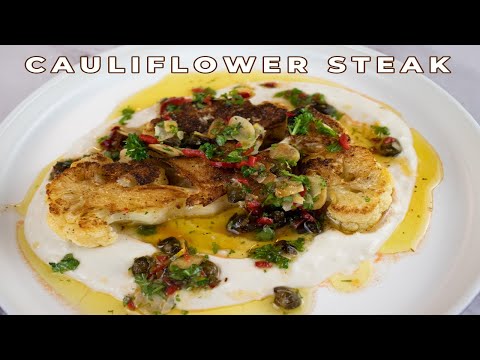 Cauliflower Steak With Caper Almond Salsa And Yoghurt Tahini Sauce