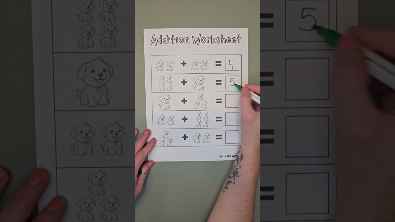 Addition worksheet with cute puppies 🐶. formomswithminis.com #homeschool #worksheets