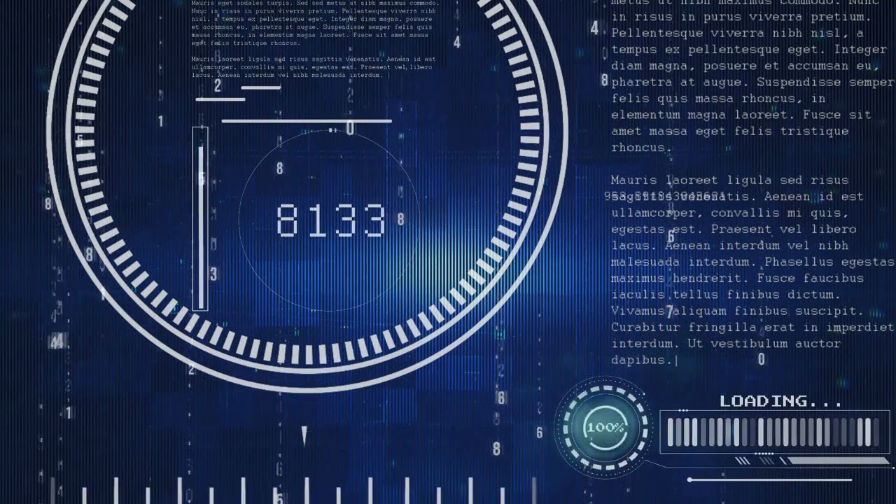 Futuristic Cyber Security Interface with Digital Data Processing and HUD Elements