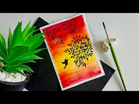 Sunset hummingbird tutorial - watercolor sunset painting step by step tutorial - silhouette art