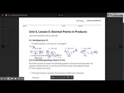 Math 6 Unit 5 Lesson 5 Decimal Points in Products Part 1