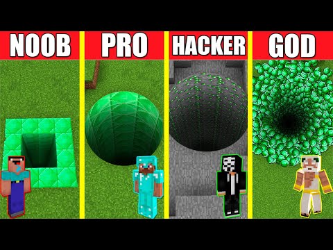 Minecraft Battle: EMERALD TUNNEL HOUSE BUILD CHALLENGE - NOOB vs PRO vs HACKER vs GOD Animation HOLE