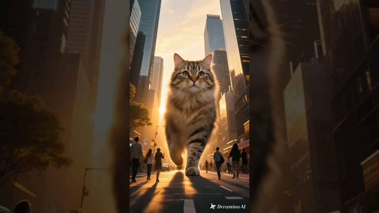 cat walking through a modern city, towering skyscrapers, people below looking up in awe and surprise