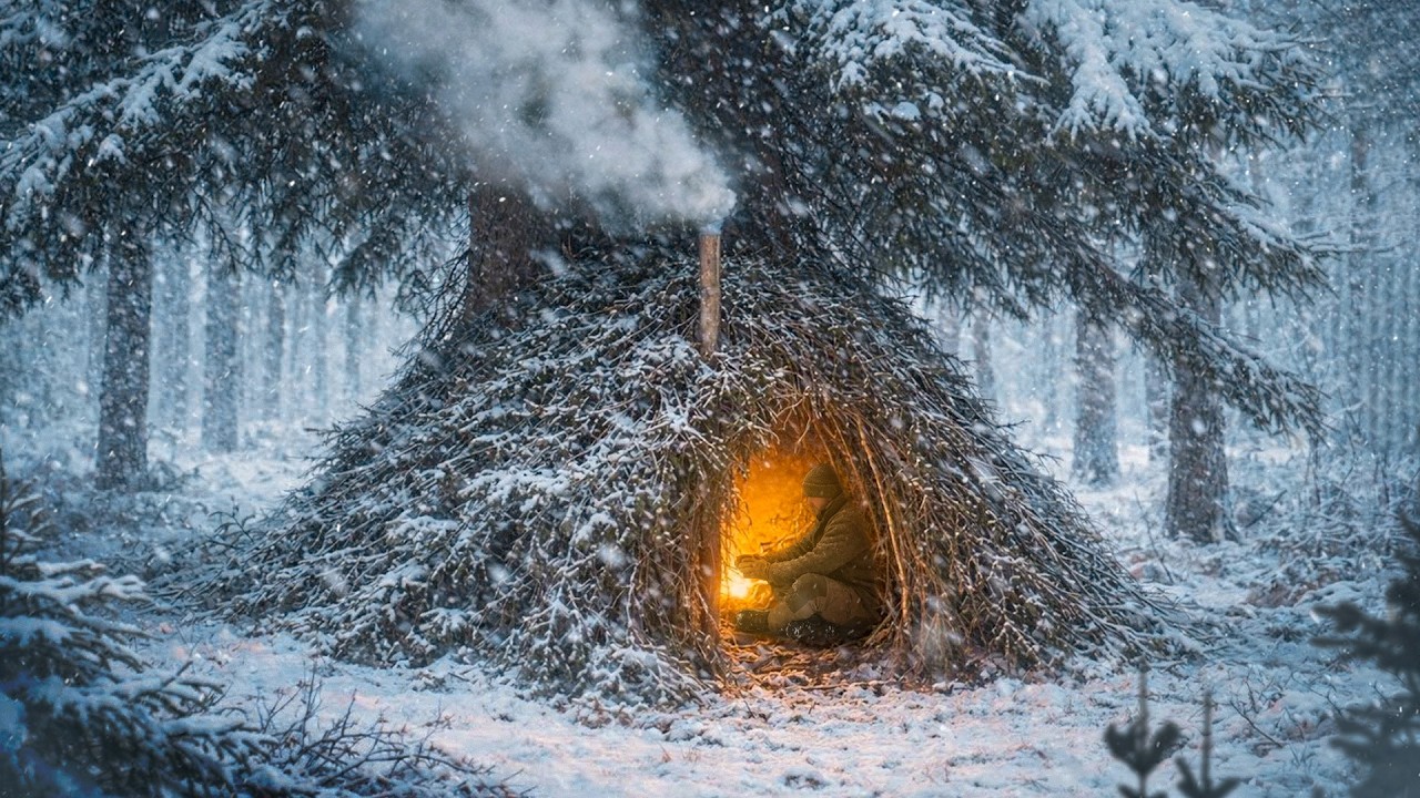 Bushcraft in a snowstorm. Building a warm and cozy shelter from branches under a spruce tree