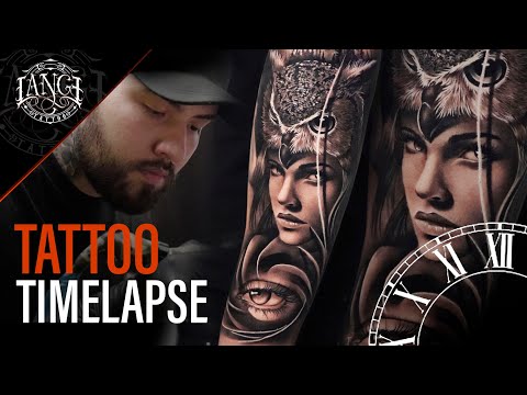 Tattoo Timelapse: Realism in Black and gray – Woman with owl plus eye