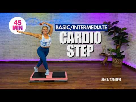 45 Minute Step Aerobics Cardio | Basic to Intermediate | 125 BPM | #523