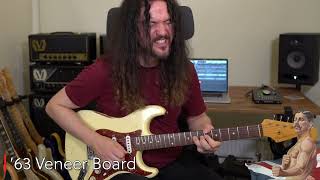 Video thumbnail for '63 Veneer Board vs The Mother's Milk single coil Strat sets by Micky Crystal. by Bare Knuckle Pickups
