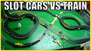 HO SLOT CARS versus FREIGHT TRAIN Layout - Crashes at Road & Rail crossing