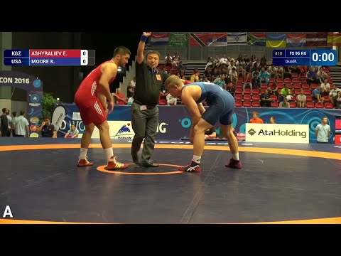 Qual. FS - 96 kg: K. MOORE (USA) df. E. ASHYRALIEV (KGZ) by TF, 10-0