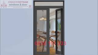 Cửa đi mở quay 2 cánh nhôm Xingfa Quảng Đông tem đỏ màu xám ghi bản lề 3D
