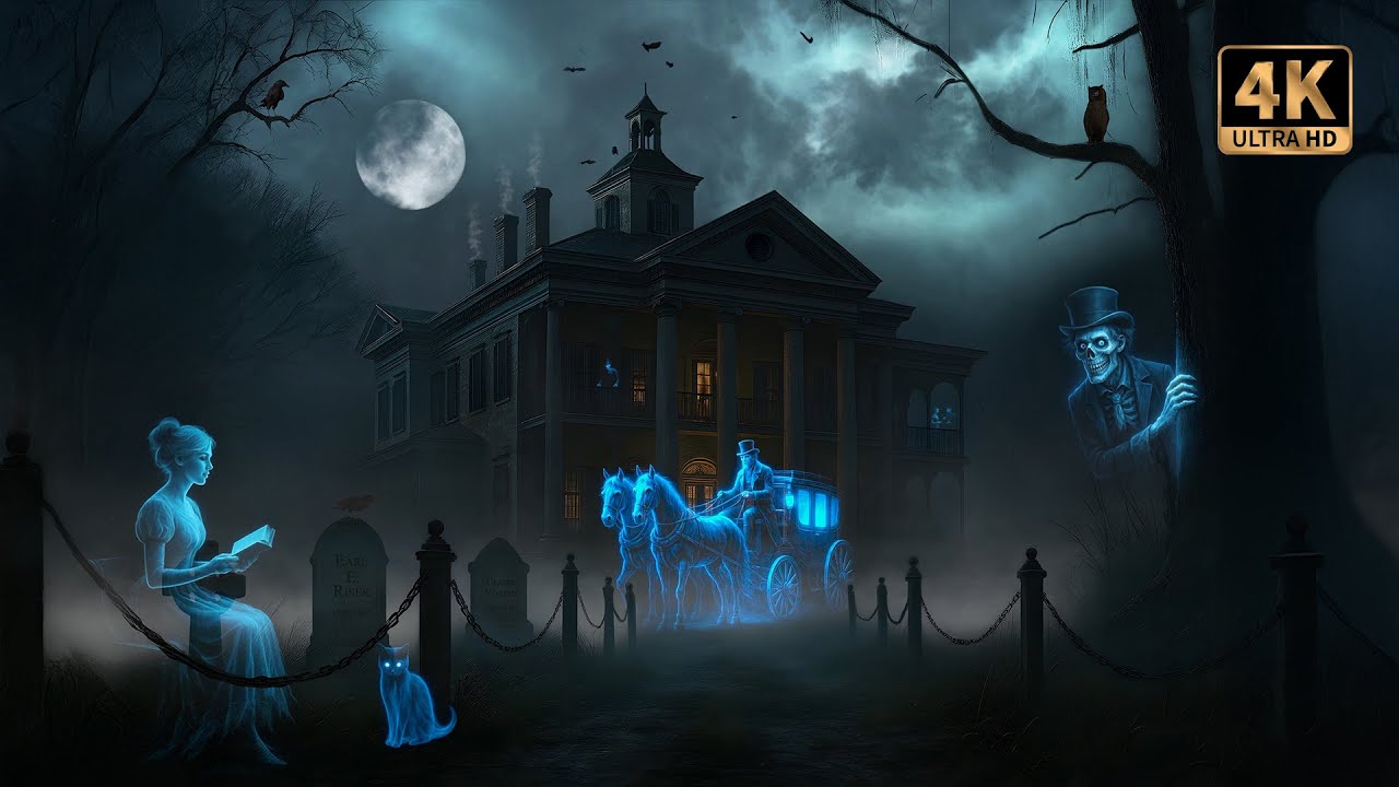 Haunted Mansion Halloween Ambience with Ghosts, Thunder & Fog | Spooky Night Atmosphere | 4K 👻⚡🪦