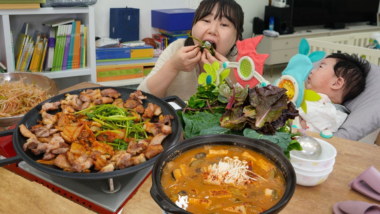 삼겹살, 목살, 항정살, 가브리살 돼지고기 모듬 구이 먹방🥓된장찌개까지 완벽 한상✨MUKBANG