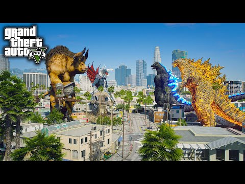 Nuclear Godzilla, Heisei Godzilla Vs Minotaur, Gigan Battle ( GTA V Mods )